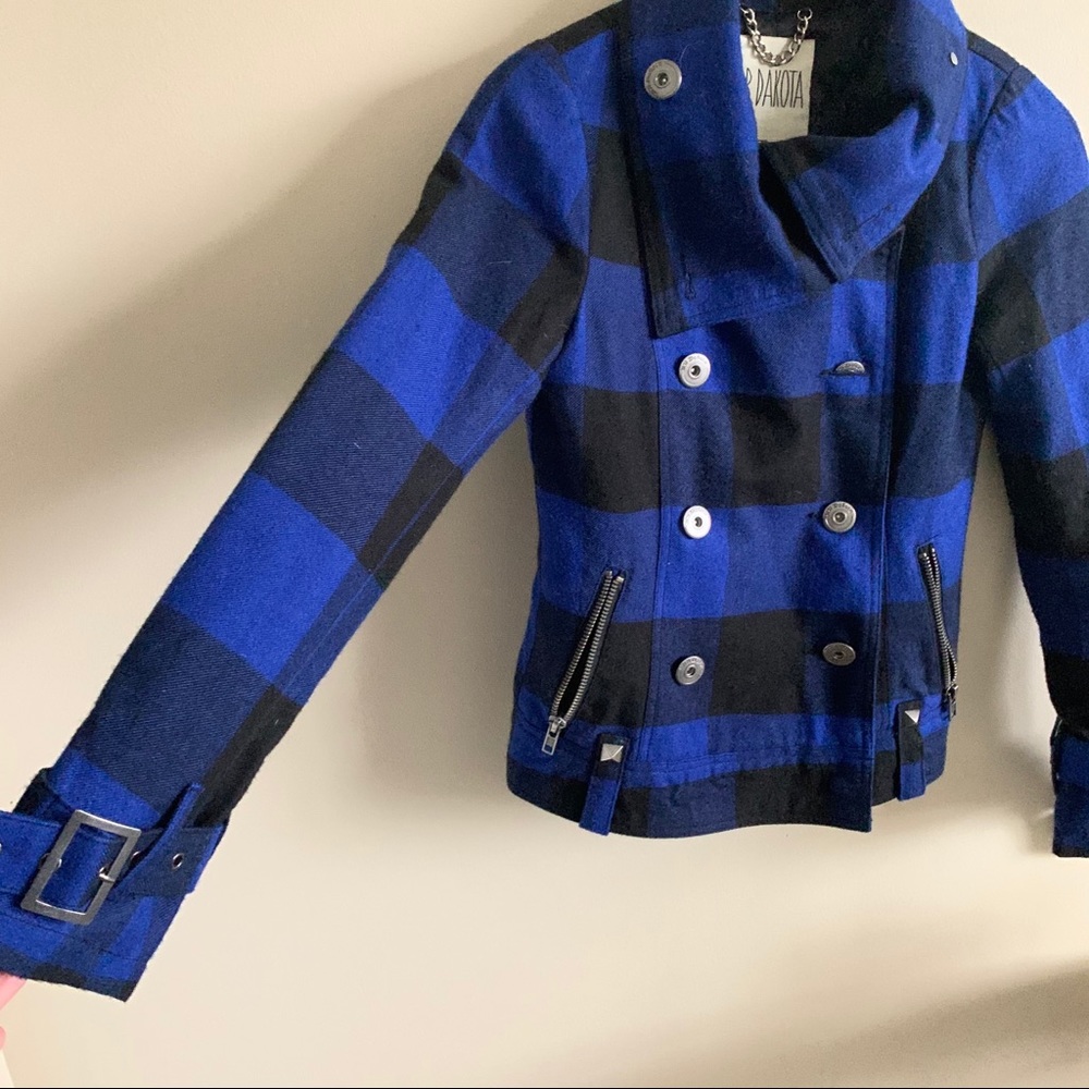Blue and Black Plaid Double-Breasted Wool Jacket